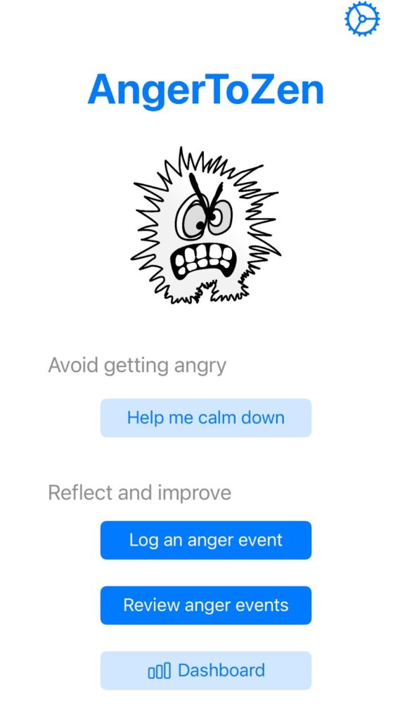 Mobile app screen titled "AngerToZen" featuring an angry cartoon face, buttons to calm down, log or review anger events, and access a dashboard.